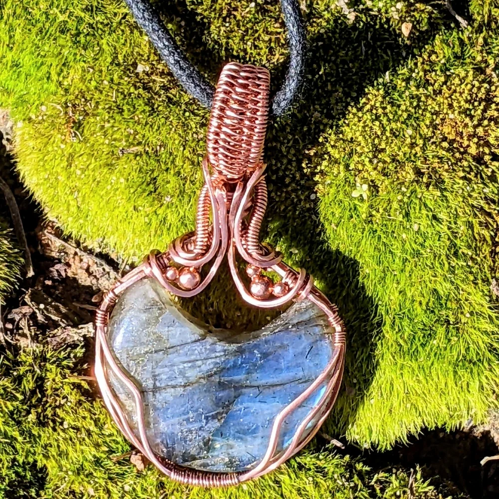 Ethereal Moon Pendant-Artisan-Blue Labradorite Gemstone-Copper Wire Wrap - Picture 14 of 17